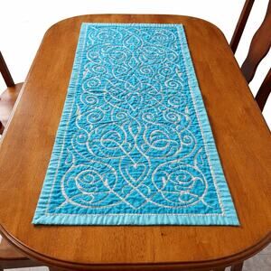 Reverse Applique Table Runner Teal Blue White Scrolls Hearts 16x36 Handmade